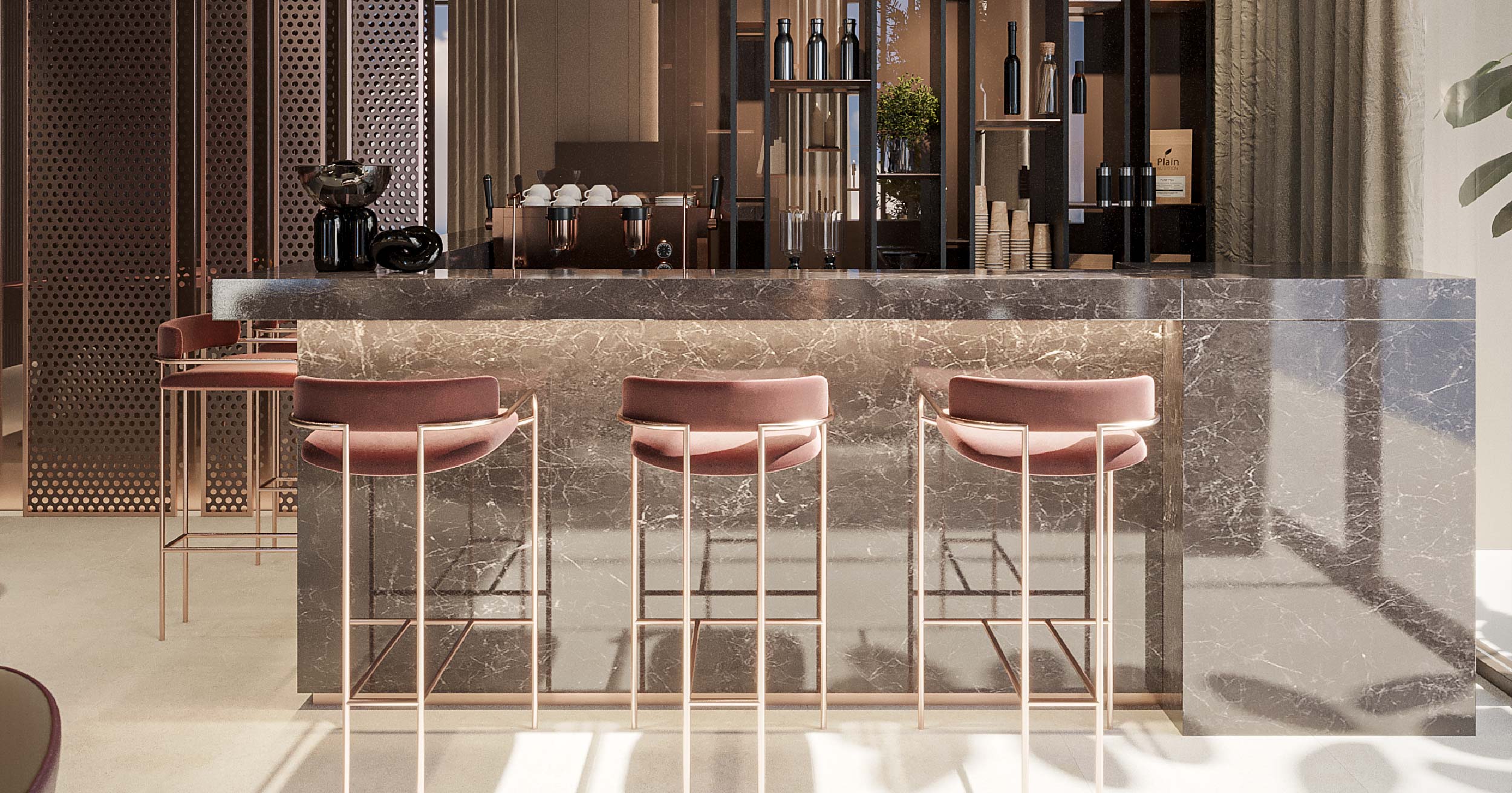 Hyde Walk By Imtiaz A modern bar area featuring a marble counter, stylish high stools, and elegant decor elements in a chic setting.